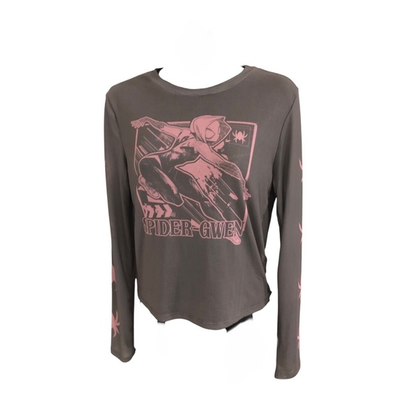 Marvel’s Spiderman Gwen olive green brown pink graphic print sheer mesh top sz L - Picture 3 of 16